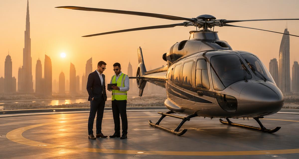 طائرة هليكوبتر تنفيذية ثنائية المحرك على مهبط فوق سطح مبنى في دبي عند الغروب، بينما يراجع مسافر ومنسق أرضي قائمة تحقق على جهاز لوحي